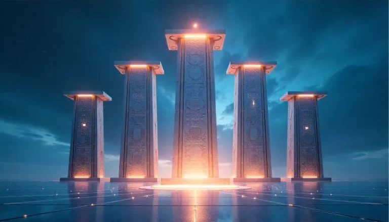 Visualisasi lima pilar digital yang kokoh, mewakili faktor ranking Google yang menentukan posisi website di hasil pencarian.