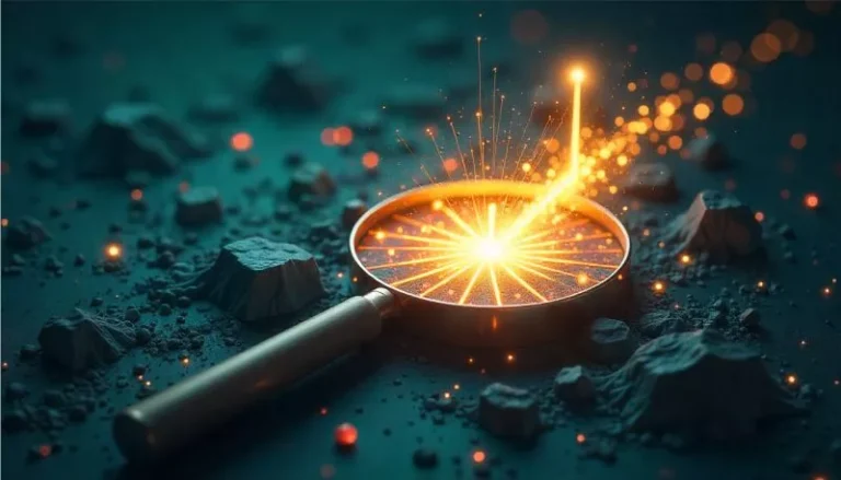 Visualisasi sebuah kaca pembesar digital yang mengungkap gugusan kata kunci berharga, melambangkan kekuatan riset keyword untuk mendominasi Google.